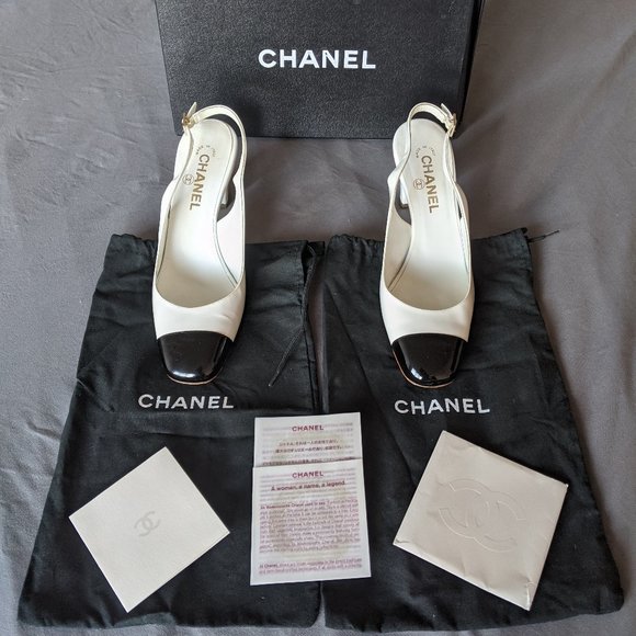 Classic CHANEL Two-Tone Patent Slingback Heels Sz8 - Picture 1 of 16